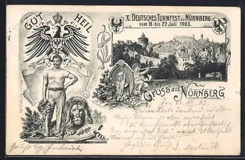 AK Nürnberg, X. Deutsches Turnfest 1903, Ortsansicht, Turnvater Jahn, Turner unter dem Reichsadler