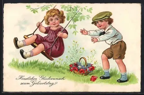 AK Kleines Junge schiebt Mädchen in Schaukel an, Geburtstagsgruss