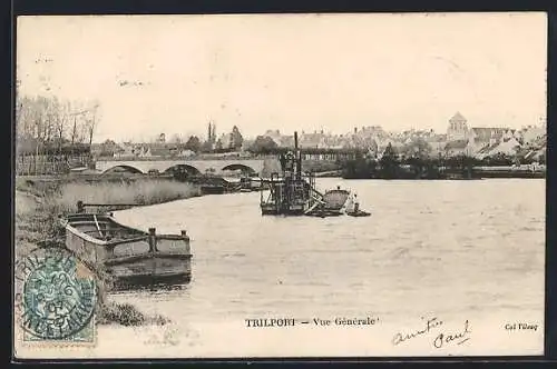 AK Trilport, Vue Générale avec pont et bateaux sur la rivière