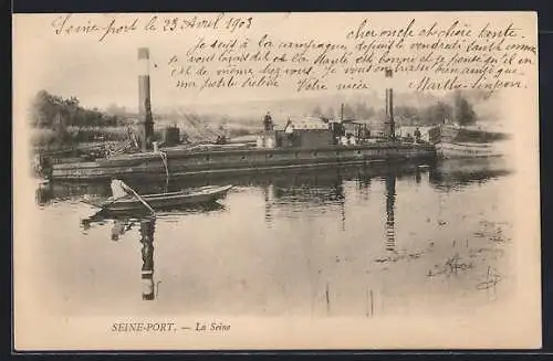 AK Seine-Port, La Seine avec un bateau à vapeur et un canot sur l`eau