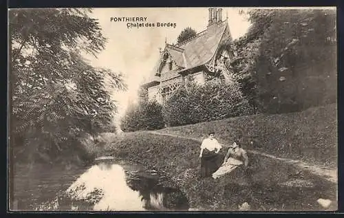 AK Ponthierry, Chalet des Bordes et ruisseau avec deux femmes assises