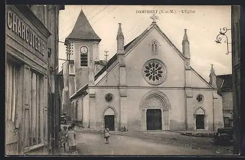 AK Dampmart, L`Église et rue avec charcuterie