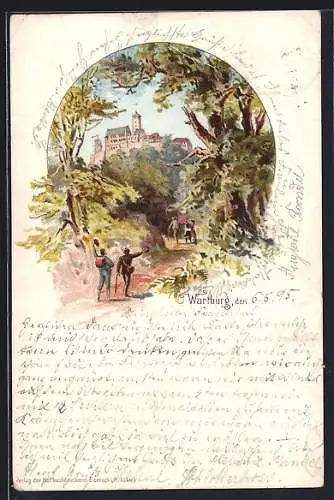 Vorläufer-Lithographie Wanderer mit Blick auf die Wartburg, 1895