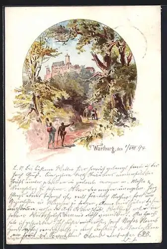 Vorläufer-Lithographie Wanderer mit Blick zur Wartburg, 1894