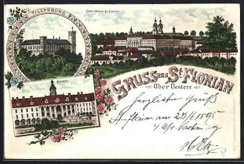 Vorläufer-Lithographie St. Florian /Ober-Oesterr., 1895, Tillysburg, Stiftshof, Ortsansicht mit dem Stift