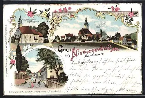 Lithographie Niederneukirchen, Wallfahrtskirche Ruprechtshofen, Hauptstrasse