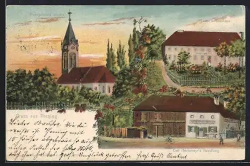 Lithographie Thening, Gasthaus Eicher, Handlung von Carl Hochmayer, Evangelische Kirche mit Sonnenuntergang