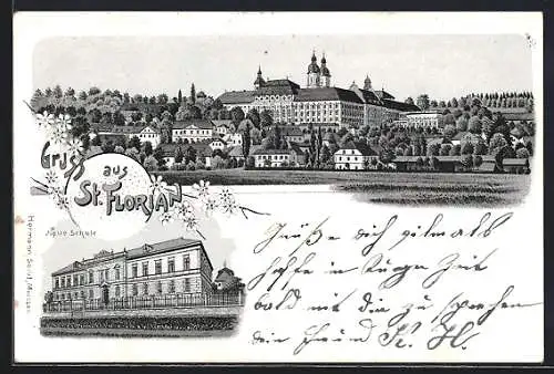 Lithographie St. Florian, Totalansicht der Stadt, Neue Schule