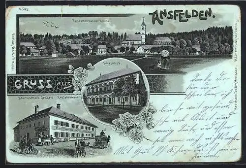 Mondschein-Lithographie Ansfelden, Baumgartner`s Gasthaus und Radfahrerheim, Pfarrhof, Totalansicht