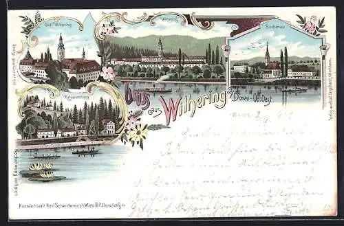 Lithographie Wilhering a. Donau, Stiftsbau, Kalvarienberg, Buchenau