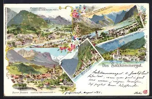 Lithographie Gmunden, Ortsansicht, Ansichten von Ischl, Hallstatt und Aussee