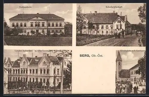 AK Ansfelden-Berg, Volksschule, Kirchplatz mit Gasthaus, Landes-Ackerbau Ritzelhof