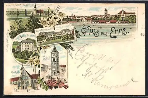 Lithographie Enns, K. k. Kavallerie-Kaserne, Gräfl. Rechberg Villa, Pfarr-Kirche, Thurm- und Stadtplatz