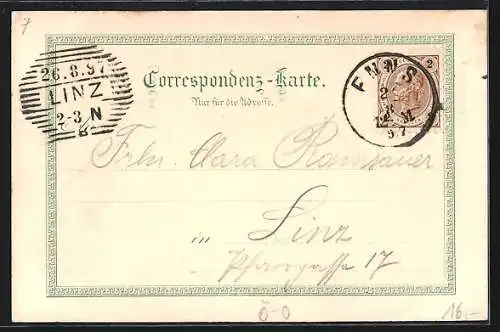 Lithographie Enns, K. k. Kavallerie-Kaserne, Gräfl. Rechberg Villa, Pfarr-Kirche, Thurm- und Stadtplatz