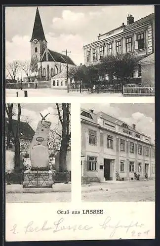 AK Lassee, Kirche, Kriegerdenkmal und Gemeindehaus