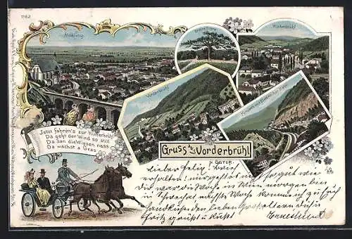 Lithographie Hinterbrühl, Mödling, Breite Föhre, Klausen mit Elektrischer Bahn