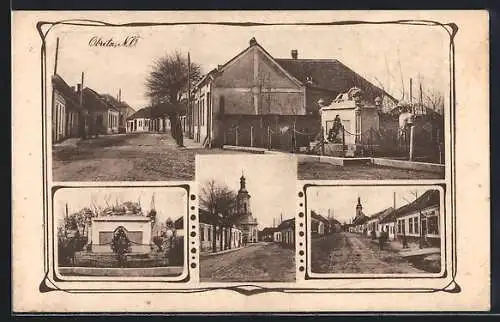 AK Obritz /N. Ö., Denkmal, Kirche und Strassenpartie