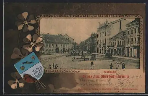 AK Oberhollabrunn, Hauptplatz und Rahmen mit Wappen