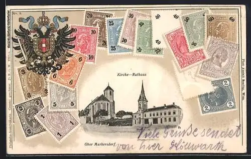 Präge-AK Ober Markersdorf, Kirche und Rathaus, Rahmen mit Briefmarken