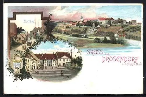 Lithographie Drosendorf a. d. Thaya, Stadtthor, Stadtplatz und Uferpartie