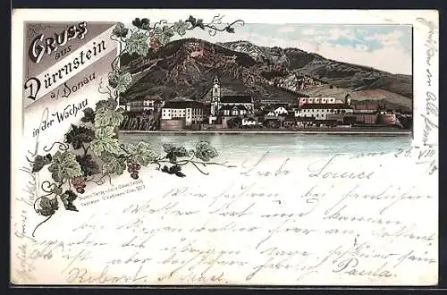 Lithographie Dürrnstein a. Donau, Ansicht vom Wasser aus