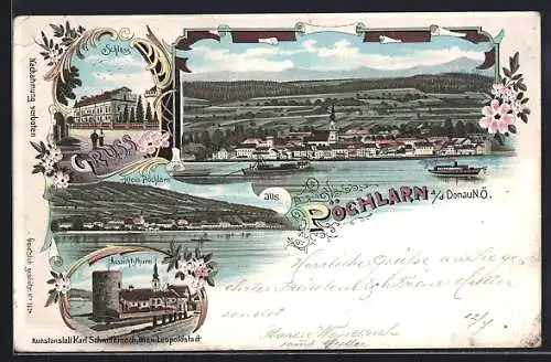 Lithographie Pöchlarn, Ortsansicht von der Donau aus, Dampfer, Schloss