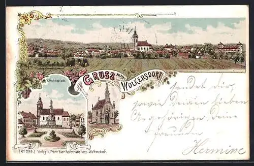 Lithographie Wolkersdorf im Weinviertel, Kirchenplatz mit einer Kirche, Panorama