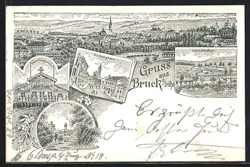 Lithographie Bruck a. Leitha, Kirchengasse, Lager-Hauptwache, Schloss Harrach