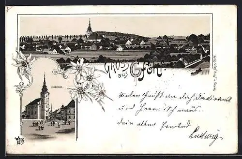 Lithographie Gföhl, Kirche und Panorama