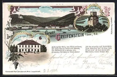 Lithographie Greifenstein a. Donau, Geschäftshaus M. Ganauser, Ruine, Ortsansicht