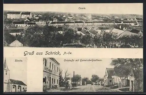 AK Schrick /N.-Oe., Kirche und Ortstrasse mit Gemeinde-Gasthaus