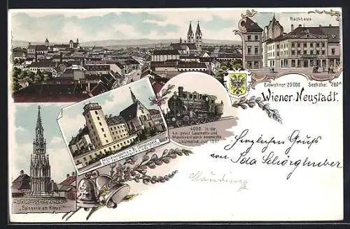 Lithographie Wiener Neustadt, Militäracademie, Lokomotive der k.k. priv. Maschinenfabrik, Rathaus, Denkmal, Ortsansicht