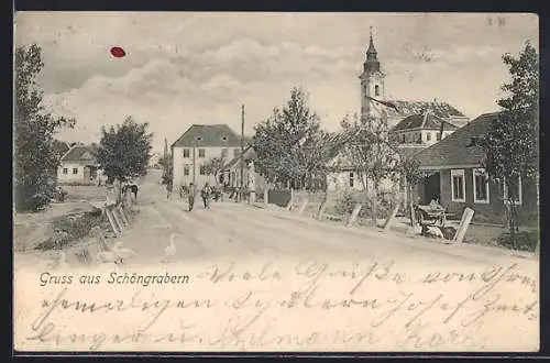 AK Schöngrabern, Strassenpartie mit Kirche