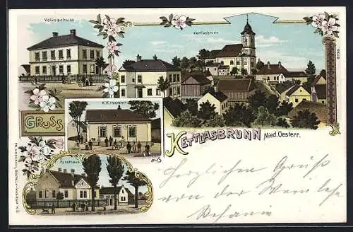 Lithographie Kettlasbrunn /Nied. Oesterr., Volksschule, Forsthaus, K. k. Postamt, Ortsansicht