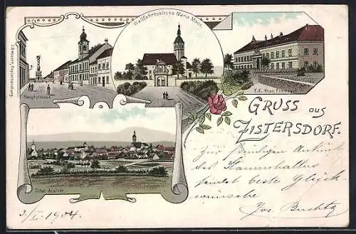 Lithographie Zistersdorf, Wallfahrtskirche Maria Moos, Hauptstrasse, K. k. ther. Fondsgut, Totalansicht