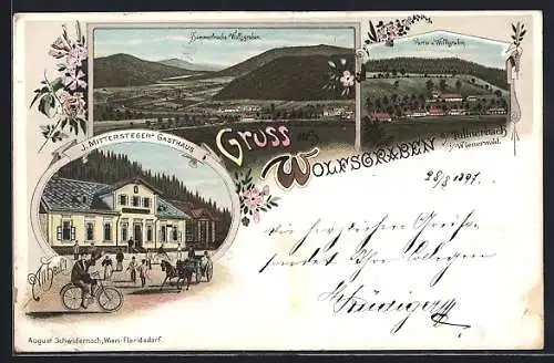 Lithographie Wolfsgraben i. Wienerwald, Gasthaus von J. Mittersteger, Ortsansicht