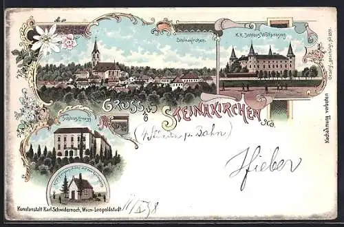 Lithographie Steinakirchen /N.-Ö., K. k. Schloss Wolfpassing, Schloss Ernegg, Kaiser Franzens-Hütte auf dem Reitlingberg