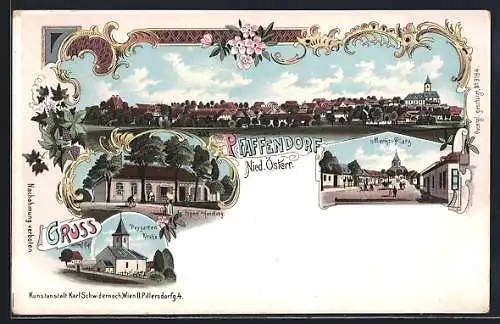 Lithographie Pernersdorf, Pfaffendorf, Ortsansicht, Jg. Fegerls Handlung, Marktplatz, Peygarten-Kirche