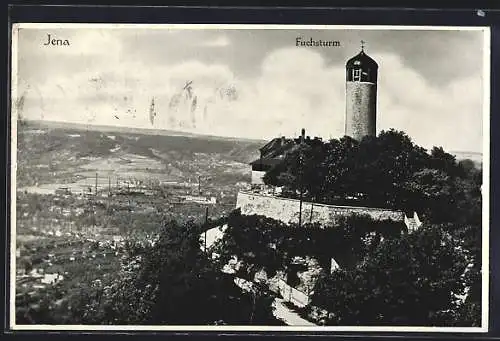 AK Jena, Gasthaus Fuchsturm W. Lemser mit Stadtansicht aus der Vogelschau