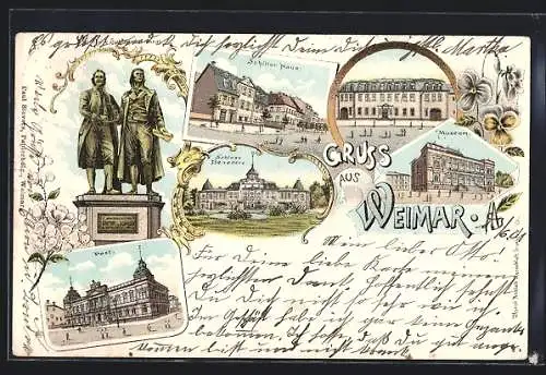 Lithographie Weimar / Thür., Goethe-Schiller-Denkmal, Post, Museum