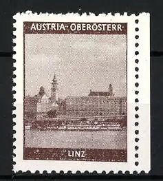 Reklamemarke Linz, Austria Oberösterr., Stadtansicht mit Fluss