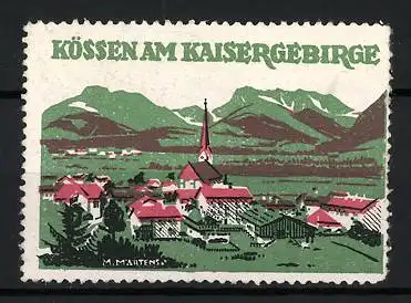 Künstler-Reklamemarke Max Märtens, Kössen am Kaisergebirge, Ortsansicht mit Kirche und Bergen