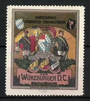 Reklamemarke Würzburg, Würzburger Studenten-Corporationen, Wappen und Studenten in Uniformen