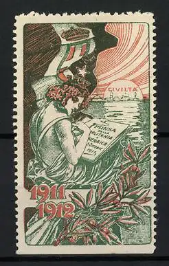 Reklamemarke Tripolis, Civilta Pressa della Politania 1911-1912, Frau mit Schriftrolle und Olivenzweig