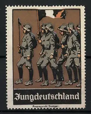 Reklamemarke Stuttgart, Jungdeutschland, marschierende Burschen mit Reichsfahne