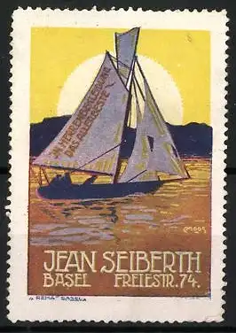 Künstler-Reklamemarke Moos, Basel, Jean Seiberth Herrenmode, Segelboot im Sonnenuntergang