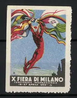 Reklamemarke Mailand, X. Fiera di Milano 1929, Hermes mit Fahnen une Bändern