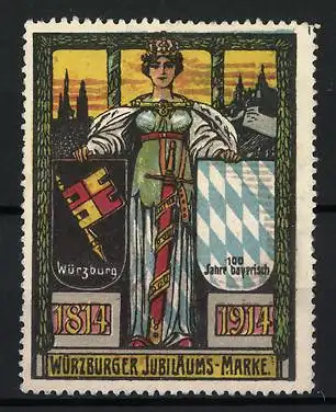 Reklamemarke Würzburg, 100 Jahre bayrisch, Jubiläumsmarke mit Wappen, 1914