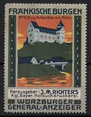 Reklamemarke Fränkische Burgen, Burg Rothenfels am Main, Würzburger General-Anzeiger