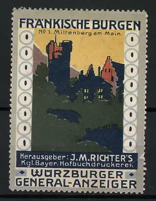 Reklamemarke Miltenberg am Main, Fränkische Burgen, Burgenlandschaft, Würzburger General-Anzeiger